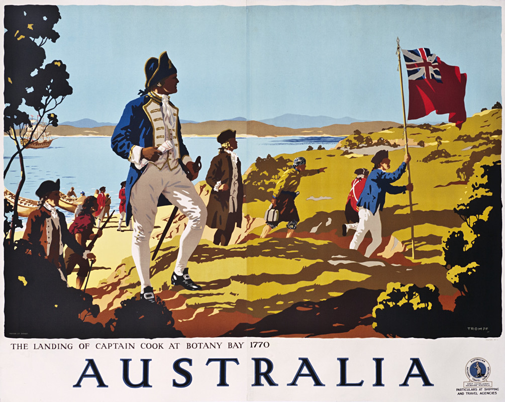 Captain Cook landing at Botany Bay; blue, yellow, red