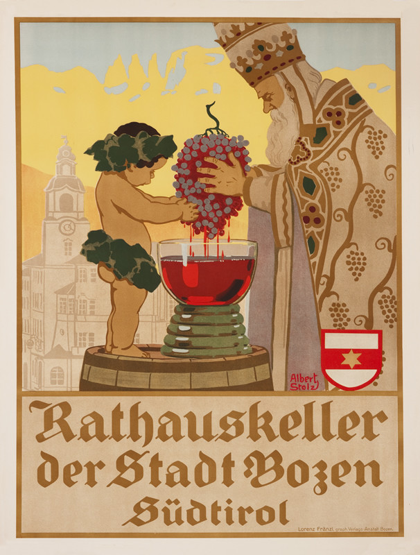 Bishop & cherub making wine; GREEN, RED, TAN, YELLOW, GRAY