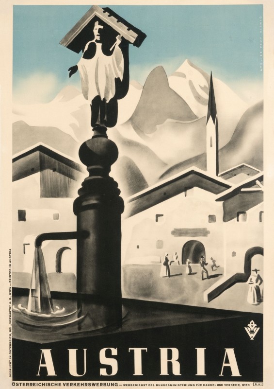 Mountain view with fountain in foreground; blue, black, white