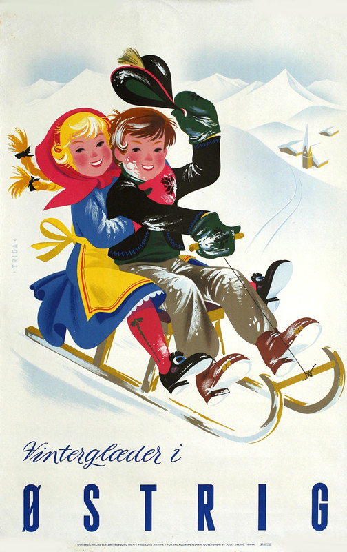 Children in traditional dress wave from sled; yellow, blue, pink