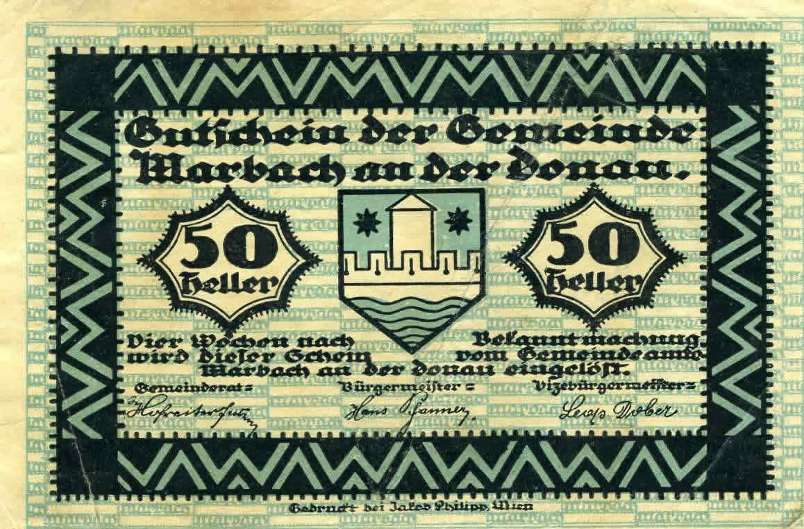 View of lake and village on one side, crest with castle on other; blue, black