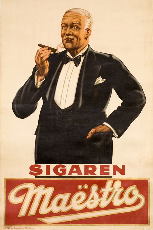 Man in tux enjoys a cigar; red, gold, black