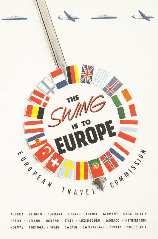 Swinging pendulum, circle made of European flags, countries listed, airplanes, ocean liner; white, red, blue, black