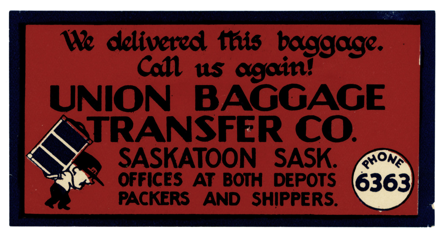 Text reads, "We delivered this baggage. Call us again." above name of company, in bottom left, man carrying trunk; red, blue, white, black