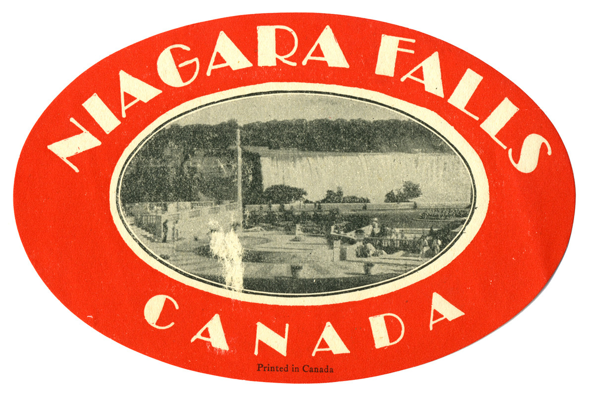 Oval label with photograph of Niagara Falls with type; black, white, red