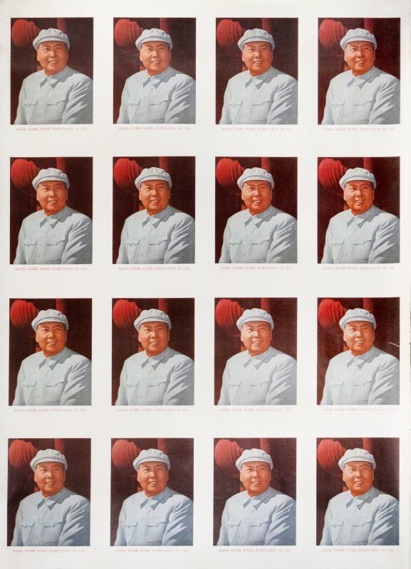 Printer's sheet of portraits of Mao; red, blue, black