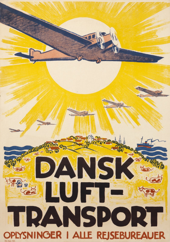 6 planes and sun, landscape with city, animals, people below; yellow, white, blue