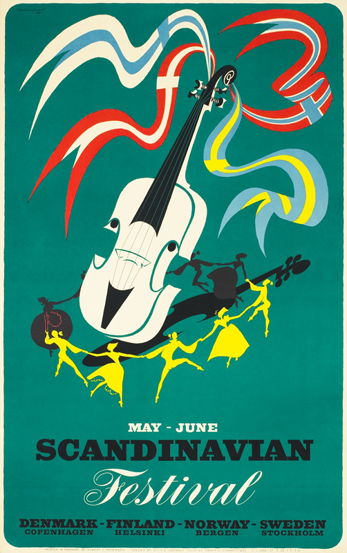 Men and women frolic around giant violin acting as maypole, Danish, Norwegian, Finnish, Swedish flags; green, red, yellow, blue