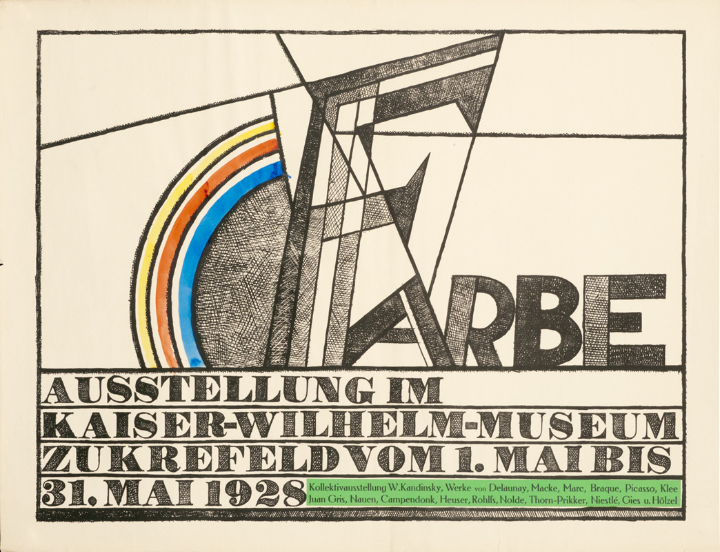 Abstract rainbow over FARBE; black, white, blue, red, yellow
