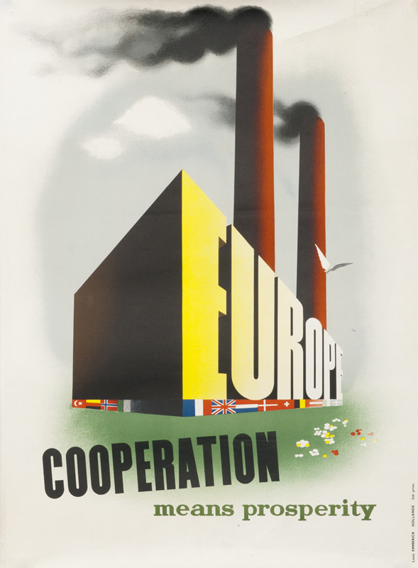 Europe text with smoke stacks on top of flagsERP; yellow, red, green, black