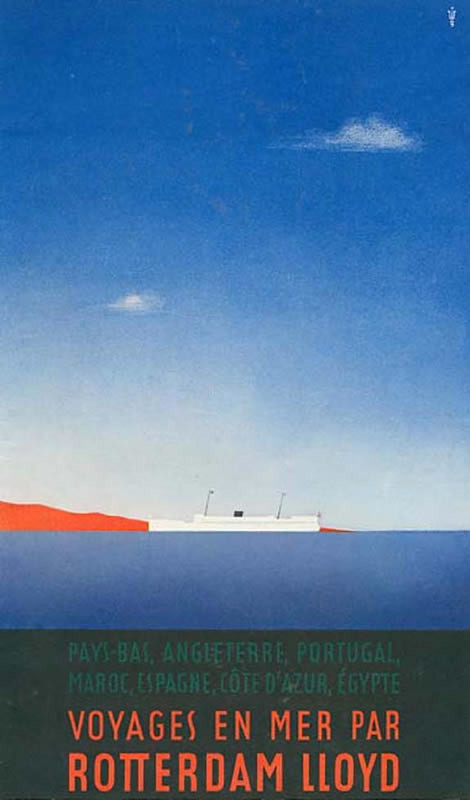 Ship at sea; blue, orange, black