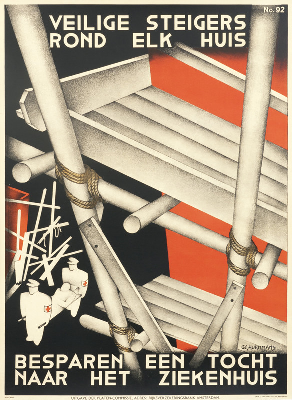 A safely constructed scaffold in foreground, collapsed scaffolding and man on stretcher below; red, black, white