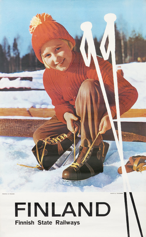 Young girl lacing up ice skates; red, blue, brown