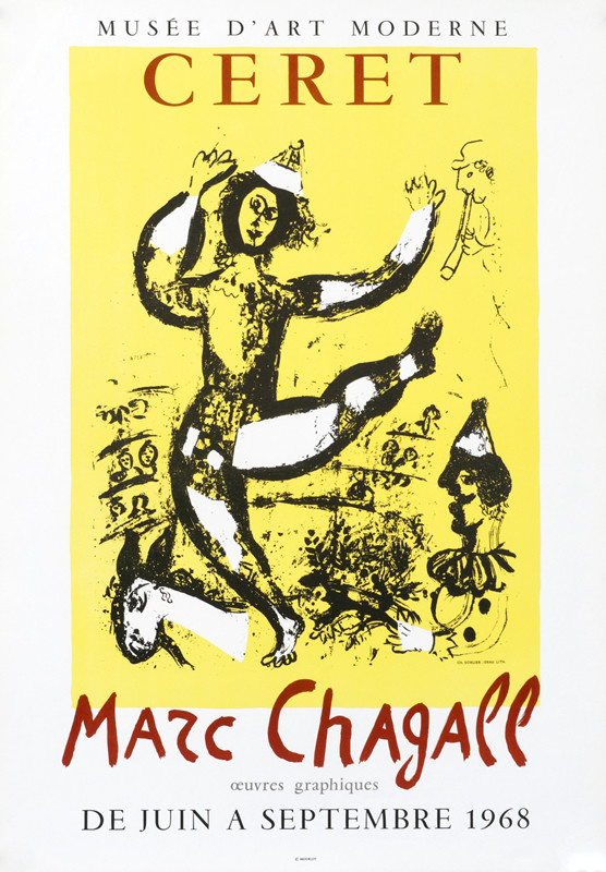 Dancing clown with other circus figures; yellow, red