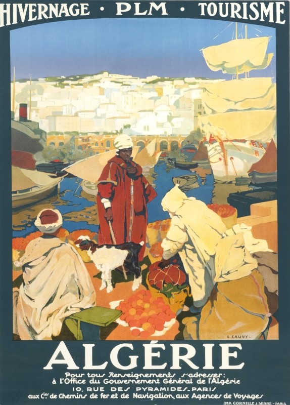 Wharf port scene  with sailboat, oranges, goats and arabs mideast white city behind Algeria; green, orange, blue, yellow