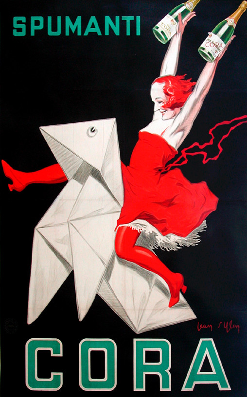 Red-Haired woman rides origami horse and holds two bottles; black, red, green