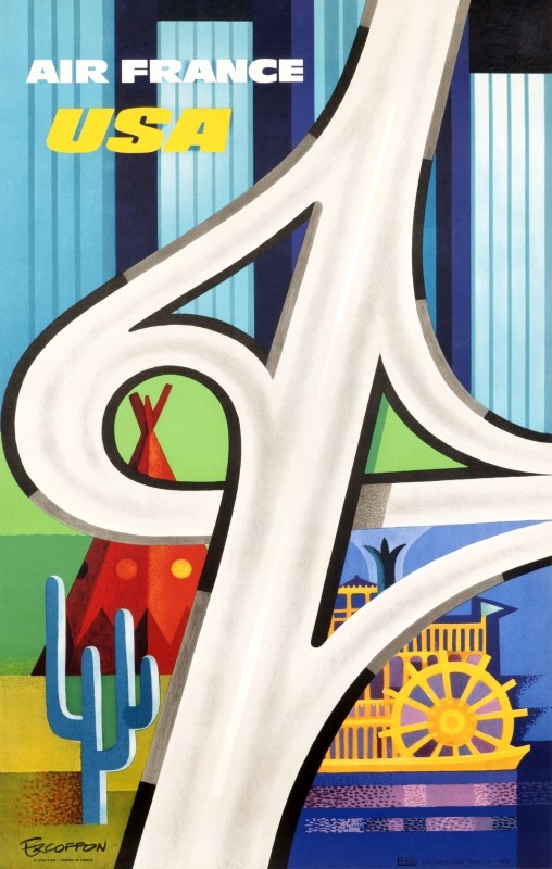 Highway, different vignettes, cactus, teepee, riverboat, skyscrapers; blue, green, red, gray