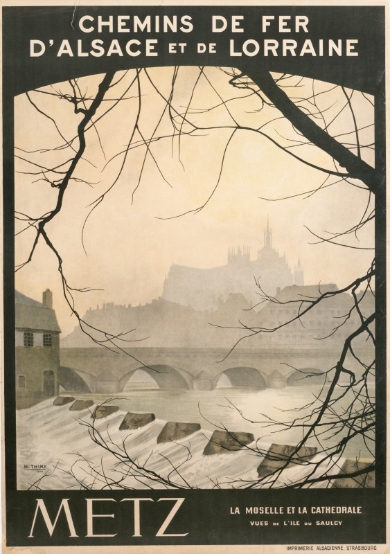 View of Ile du Saulcey in Metz, river, cathedral; white, green