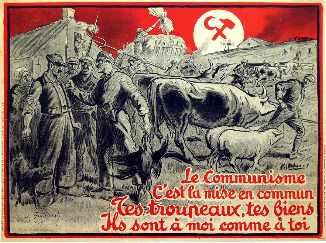 Communists take away an angry farmer's cows, hammer & sickle; red, black