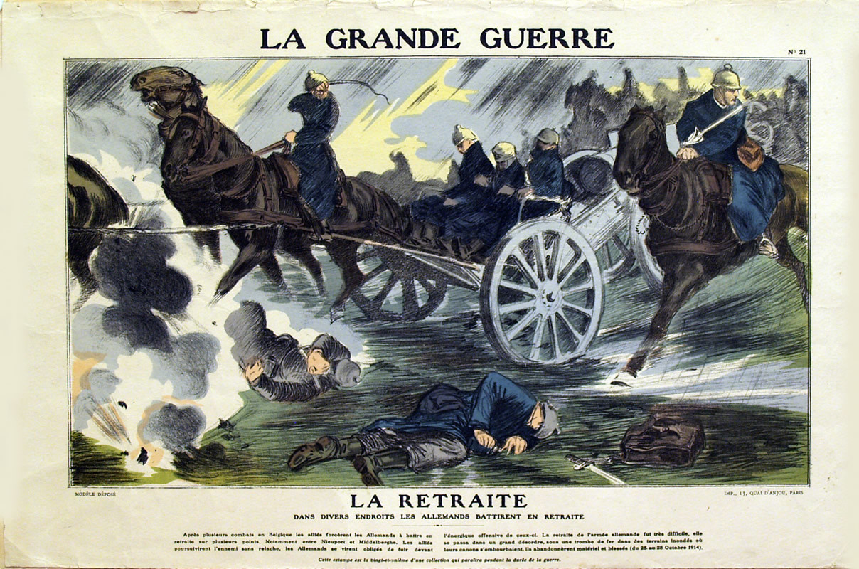 Battle scene on bridge with African troops; red, blue, green