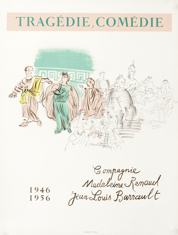 Men in togas on left, royal family and king on throne on right; pink, green, brown