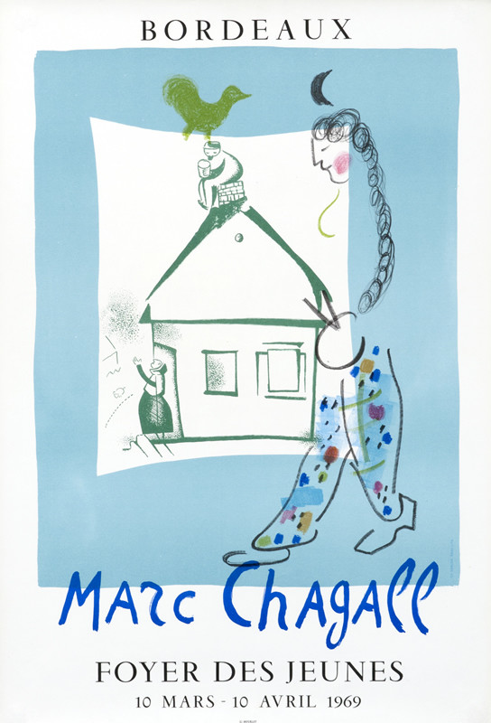 A House in My Village - clown, house with man on roof, elderly lady outside; blue, white, green
