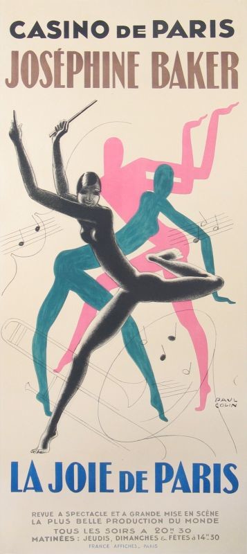 Josephine Baker in three dance posters with wand and musical notes; pink, blue, green, black
