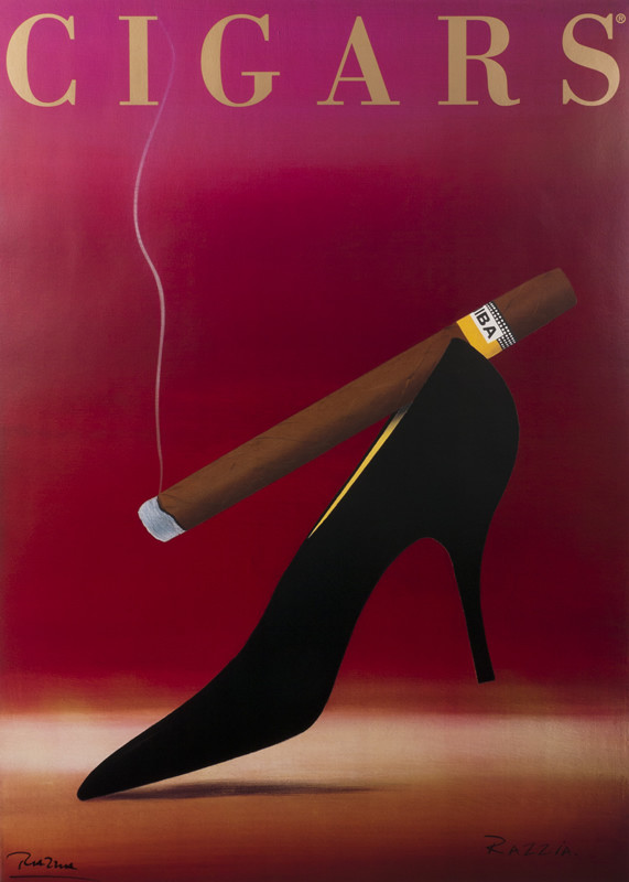 Cigar balanced on woman's high-heeled shoe; pink, red, orange, black