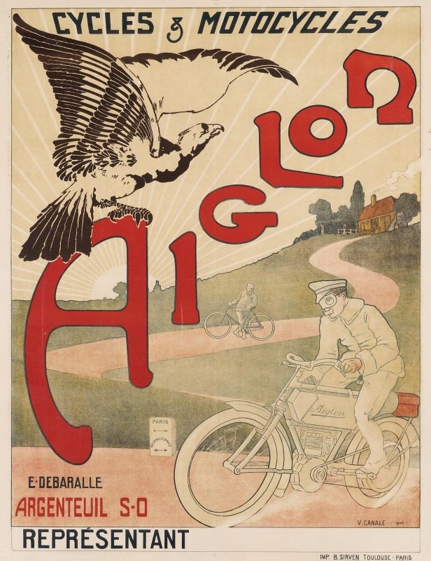Man on motorcycle and man on bicycle, eagle logo; red, green, black