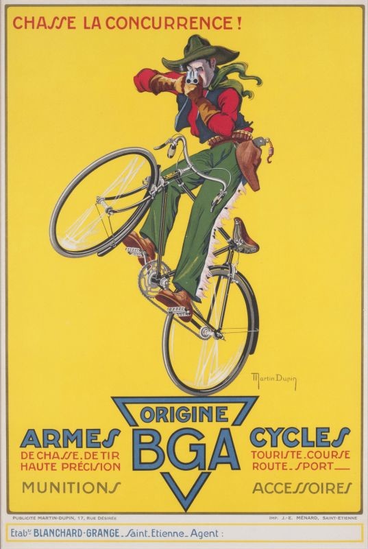 Cowboy on bicycle aiming doublebarrel shotgun at viewer; yellow, red, green, black