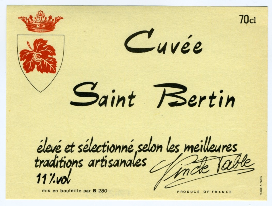 Text label with vineyard's crest; black, red