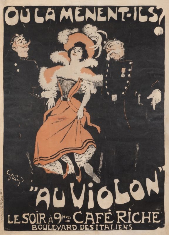 Woman escorted by two policemen; pink, black