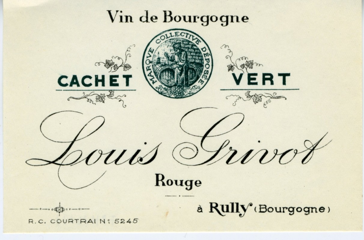Louis Grivot Cachet Vert; Marque Collective Deposee seal with winemaker and grapes; white, green