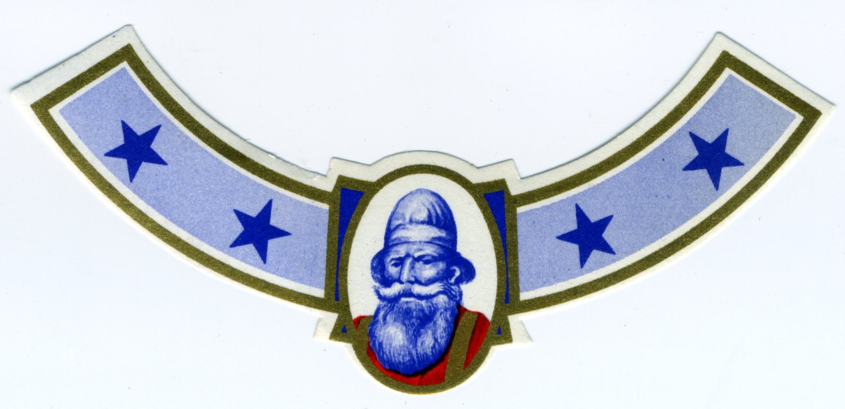 four stars with man in center; red, gold, blue