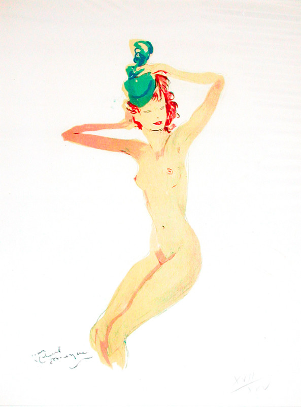 Nude stoops to adjust hat; brown, tan, green