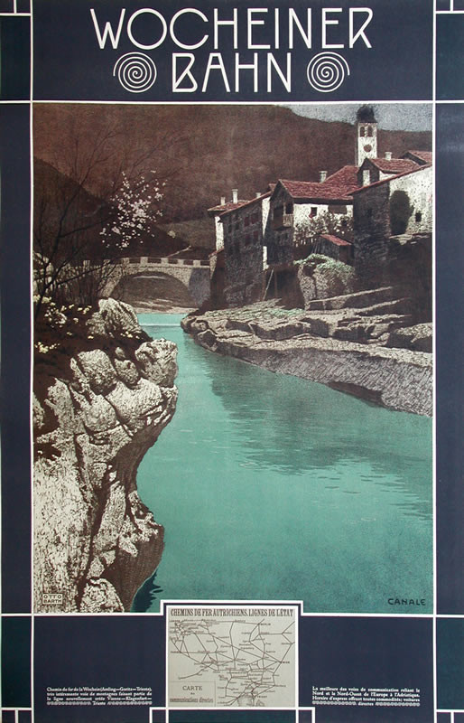 Town on banks of river; brown, blue