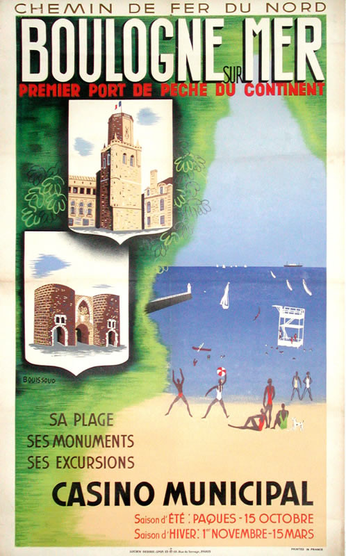 Figures on beach, castles; green, blue, beige