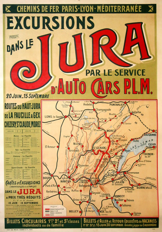 Map of Geneva area with train schedules on left; beige, green, red