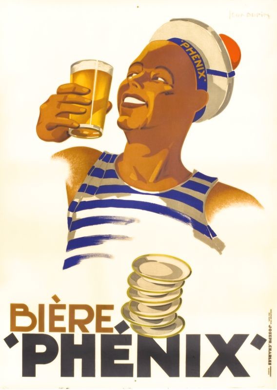 Sailor in striped shirt and cap lifts glass of beer; blue, white, gold,red