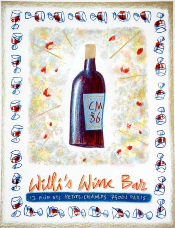 Bottle of wine with border of tiny wine glasses, looks like a pastel drawing; red, blue, gold, burgundy