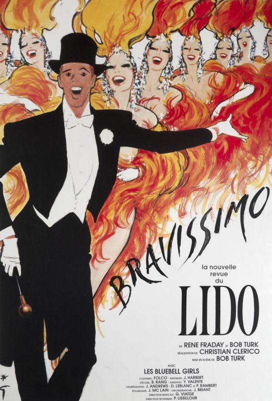 Man in tuxedo points to showgirls in line; orange, red, black