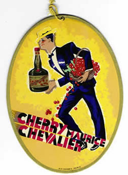 Maurice Chevalier holding a bottle of brandy and some cherries