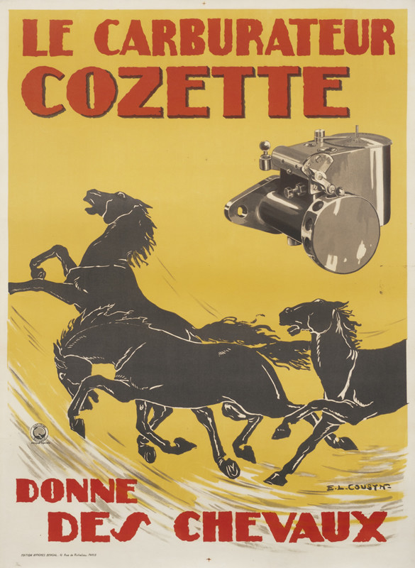 Galloping horses with carborator at upper right; yellow, gray