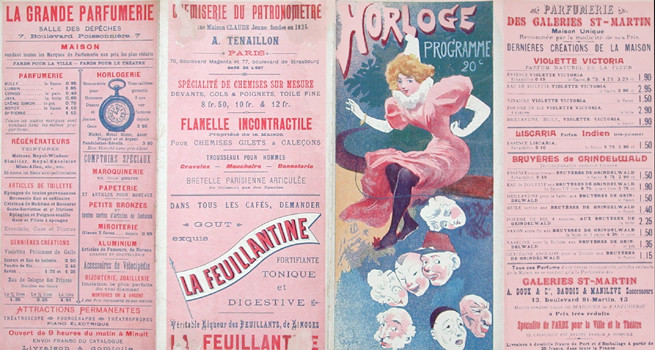 Quatrofold, seated woman with masks on string; red, blue, purple, pastel