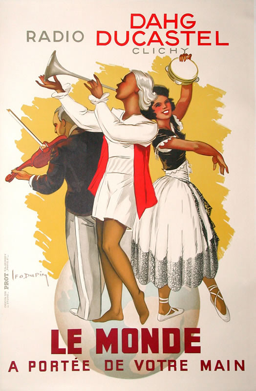 Group of three jubilant revelers dressed in native French costume play violin, trumpet, and tamborine atop globe; white, yellow, red, gray