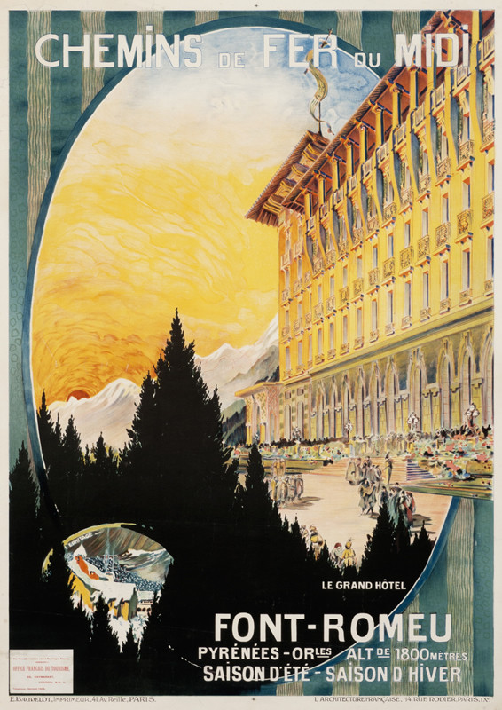 Grand hotel at sunset, figures on terrace, rondele with striped background; orange, yellow, green, blue