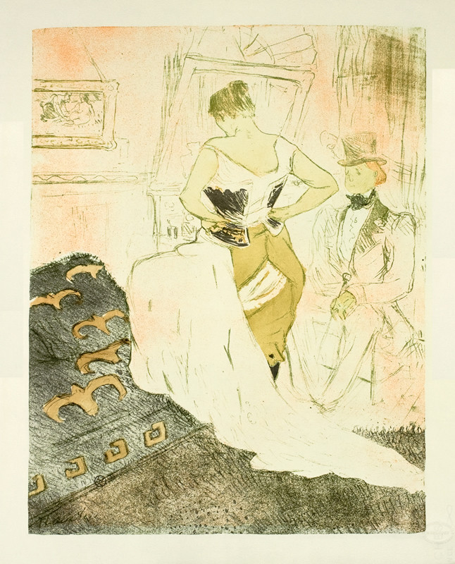 Man watches as woman laces up corset; tan, gray, brown