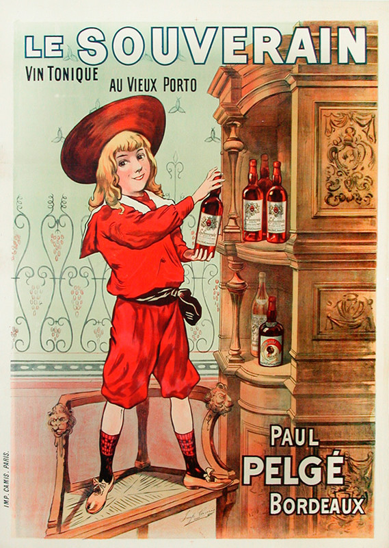 Llittle boy climbs on chair to take bottle of liquor; red, brown, green