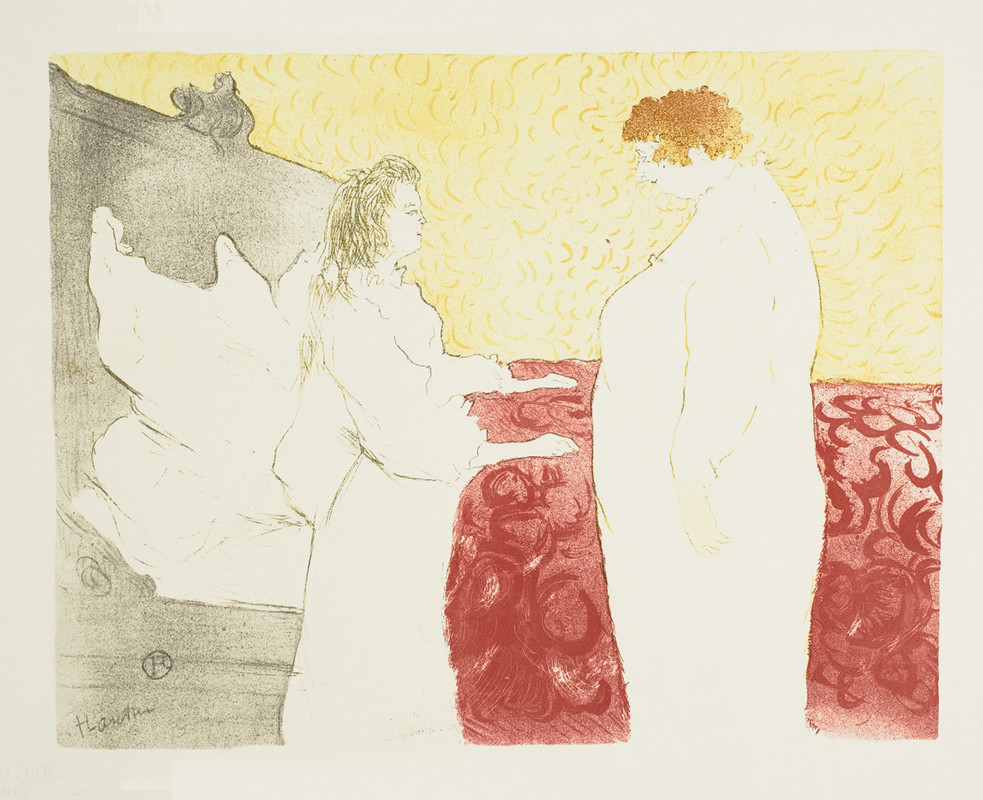 Woman speaks to courtesan in bed ; red, tan, black, white
