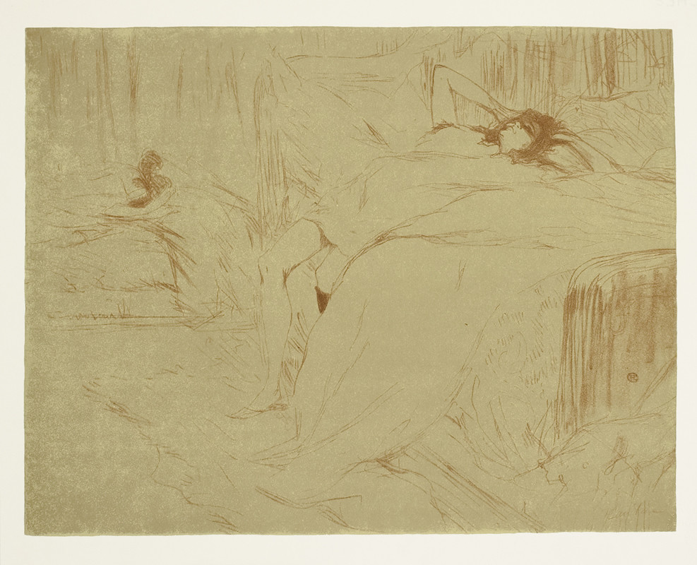 Woman lounges on dishevled bed; tan, brown